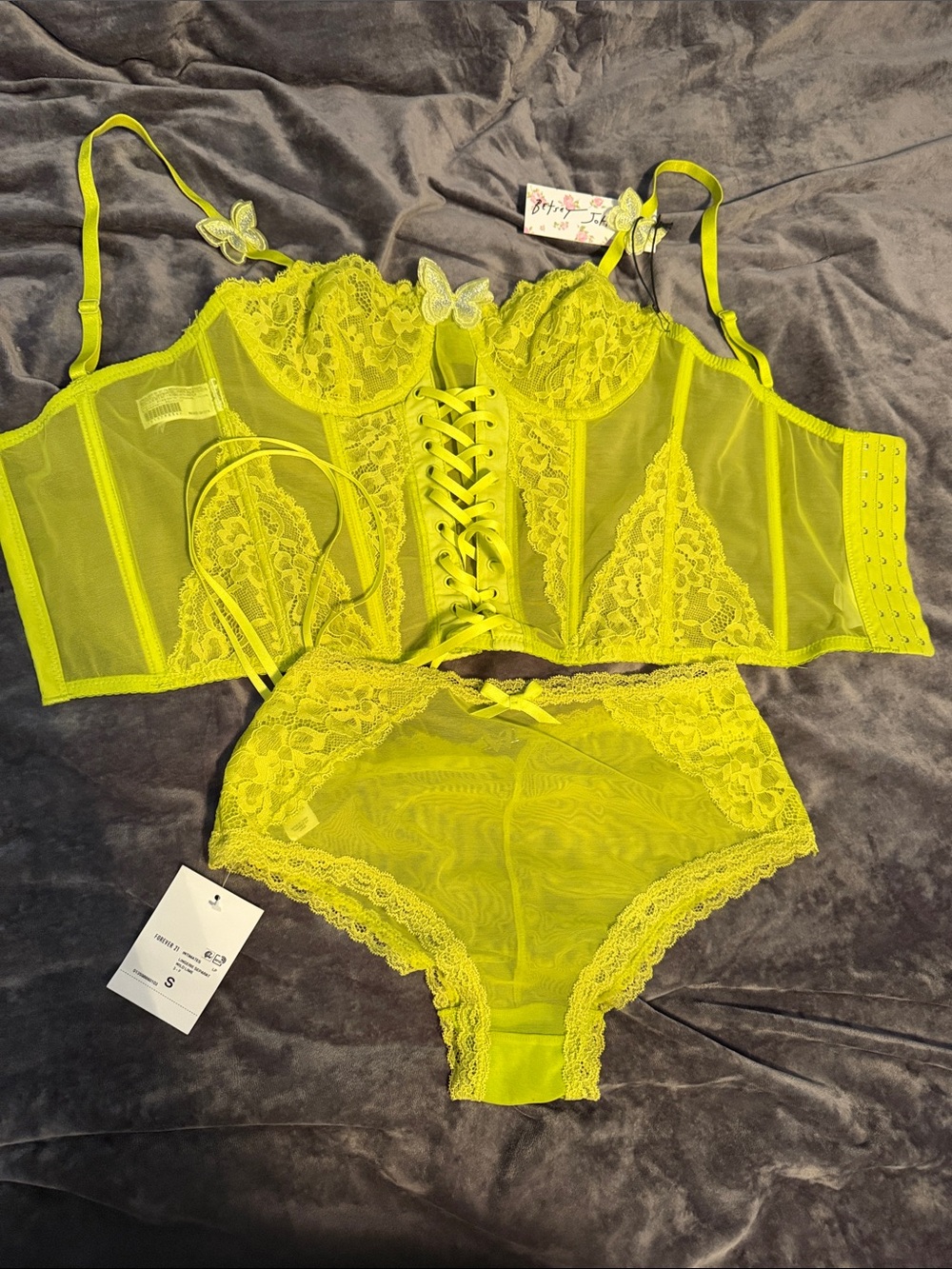 Forever 21 Neon Yellow Lace-Up Longline Bralette & Bikini Set